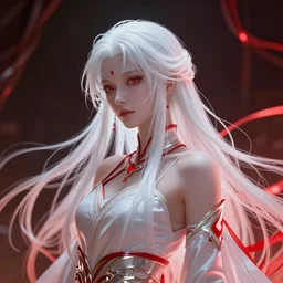 albino maiko with very long fantasy hair, fluent composition, red and white neon, concept art, ambient light, 4 k, intricate details, highly professionally detailed, cgsociety, highly detailed -