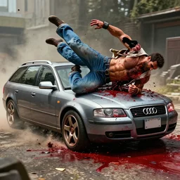 mortal kombat 1 1 gameplay footage of a denim audi a 4 b 6 avant ( 2 0 0 2 ) performing a fatality by running the enemy over gruesomely, blood, gibs