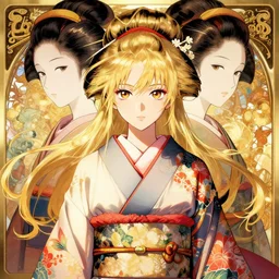 symmetry!! anime blonde girl geisha portrait, wearing flowery kimono, expressive eyes, highly detailed, anime, dynamic lighting, digital art, digital painting, artstation, wlop, gil elvgren, sharp focus, illustration, art by artgerm and greg rutkowski and alphonse mucha, 8 k