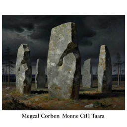 Megalithic Monolithic in taiga landscape by Richard Corben, by René Magritte, surrealism, gothic, baroque