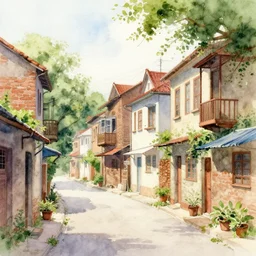 street lined with old residential houses summer watercolor by arti chauhan trending on artstation