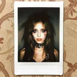 an instant photo of a beautiful but creepy young woman in layers of fea, with haunted eyes and wild hair, wearing a vivienne westwood choker, 1 9 7 0 s, seventies, wallpaper, moorland, a little blood, moonlight showing injuries, delicate embellishments, painterly, offset printing technique, by mary jane ansell