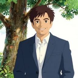good looking chilean president Gabriel Boric with a nice happy face drawed as studio ghibli movie, over a tree, highly detailed,