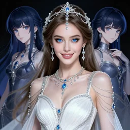 a beautiful woman wearing a white dress made of silver with jewelry and diamonds by karol bak, ayami kojima, sakimichan, arabian beauty, blue eyes, smile, concept art, fantasy