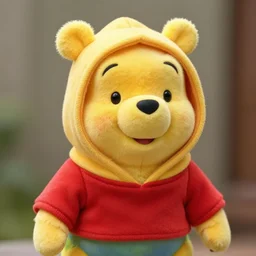 a parakeet wearing a hoodie, the hoodie is shaped like winnie the poohs head, photo
