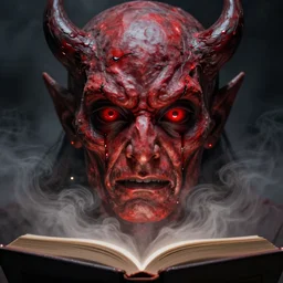 lord loss, king of hell & sorrow, book portrait, pale red, lumpy skin, he has very dark - red eyes with even darker red pupils. tiny cracks in skin seep blood, symmetric lights and fog, in the style of zdzislaw beksinski, glowing light and shadow, hyperrealist, 8 k