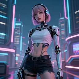 a synthwave style style cyborg girl in a futuristic city