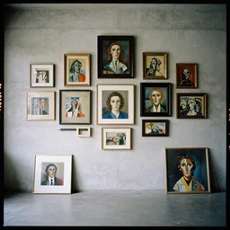 kodak portra 4 0 0, 8 k, wide flashlight shot of a highly detailed, britt marling style, colour still - life portrait of a large minimalistic room, rough concrete walls, full of square pictureframes and square picasso paintings,