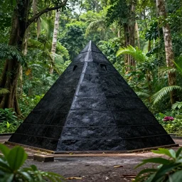old photo of black pyramid in a jungle in color