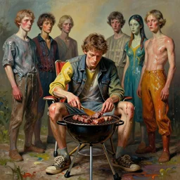 portrait of a morphed gamer sitting in a chair at a bbq grill tending to meat, art by james jean and luc tuymans and vincent lefevre and hernan bas and pat steir and hilma af klint, psychological, dripping paint, high quality render, cg society contest winner, retrofuturism, masterpiece