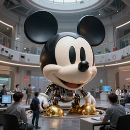 giant destroyed head of robotic mickey mouse surrounded by engineers, inside of abandoned netflix office, cyberpunk, by beeple, dystopia, golden ratio, octane render, redshift, trending on artstation, 8 k