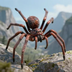 A portrait of a female spider creature body shot, fantasy, Realistic features, mountainous terrain, action shot, trending on artstation, clear portrait, 4K, by Greg Rutkowski