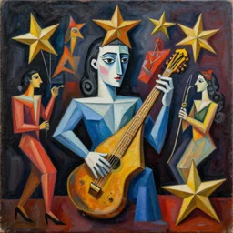 intricate five star jazz party by pablo picasso, oil on canvas, hdr, high detail, photo realistic, hyperrealism, matte finish, high contrast, 3 d depth, centered, masterpiece, vivid and vibrant colors, enhanced light effect, enhanced eye detail, artstationhd