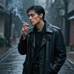 concept art of a modern man smoking a cigarette in the rain