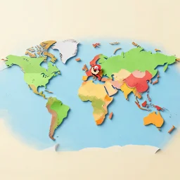 a world map made out of colorful paper, in the style of paper mario