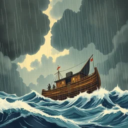 bibilical noah's wooden ark boat kentuky ark encounter on huge stormy seas dark clouds and rain, limited neutral palette, by pascal campion, petros afshar, anton fadeev, dean ellis, randolph stanley hewton, beautiful graphic, propaganda poster art 1 9 7 0 s illustrated advertising art, painterly design