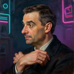 mr bean's hands profile shot, hyperrealistic, subject in center of frame, neonpunk, oil on wood portrait by kim jung gi and rembrandt and leonardo da vinci and jan van eyck, artstation, deviantart, rule of thirds
