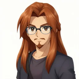 a beautiful cute german guy with very long chestnut! hair, with glasses and goatee, in the style of metal gear solid calls