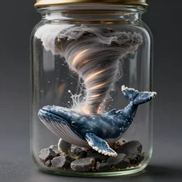 a octane render of a tiny whale and violent tornado inside a jar, close - up studio photo, lighting path traced, highly detailed, high quality, hyper - realistic, max accurate,