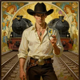 a dramatic ethereal epic symmetrical painting of a handsome villainous cowboy standing in front of railroad tracks with a train locomotive | his shirt is unbuttoned and he has a pocketwatch | tarot card, art deco, art nouveau, homoerotic, realistic | by mark maggiori and ( ( alphonse mucha ) ) | by bill ward and tom of finland and gengoroh tagame and george quaintance and sadao hasegawa | trending on artstation