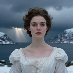 queen, norway fjord, close up portrait, hudson river school, max rive, stormy seas, white royal dress, f 1 6, bokeh, gentle, female, snowy, storm clouds, god rays, close up portrait, d & d, fantasy, elegant, low key color palette, concept art, roger deakins and greg rutkowski and alphonse mucha