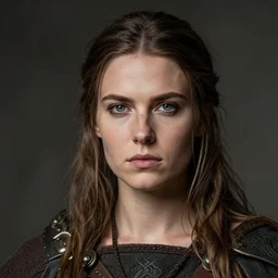 head and shoulders portrait of a barbarian, female