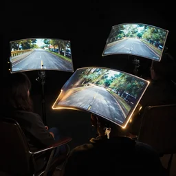 visors with curved translucent screens projecting detailed outdoor camera footage ( 2 0 4 2 ), pixel perfect photograph, volumetric lighting, thin glowing lights, chair, users, pair of keys