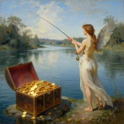 painting fantasy nymph overlooking river as man fishes out giant chest full of gold