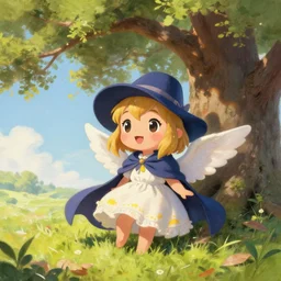 a cute chibi harpy plague doctor angel in a sun dress enjoying the crispy summer air under the shade of a great oak tree in summer. trending on pixiv. trending on artstation. a vibrant digital oil painting. a highly detailed fantasy character illustration by wayne reynolds and charles monet and gustave dore and carl critchlow and bram sels