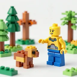 image of a lego minifigure saving a small lego creature made of individual bricks in a colorful forest, concept art, seen from top down perspective, video game world, dynamic lighting, artstation, poster, volumetric lighting, 8 k, award winning