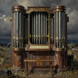 battered dieselpunk pipe organ, painting by andrew wyeth, very detailed, somber mood,