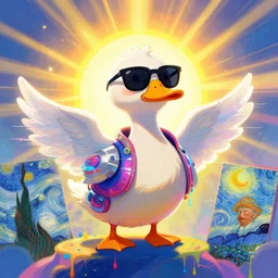an angelic duck in vast cyberspace glitching through the sunshine, sunburst background, wearing sunglasses, futuristic clothes, vibrant colors, glitchy, rule of thirds, spotlight, drips of paint, expressive, passionate, by greg rutkowski, by jeremy mann, by francoise nielly, by van gogh, digital painting