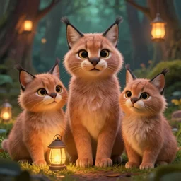 3 d octane render of a family of cute fluffy caracals. funny facial expression, in a forest by beatrix potter and studio ghibli, sharp focus, detailed fluffy feathers, glowing eyes, glowing lanterns