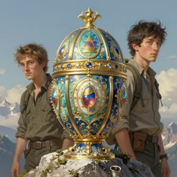 portraits of adventurers climbing a faberge mountain, intricate, elegant, highly detailed, digital painting, artstation, concept art, matte, sharp focus, illustration, art by ruan jia and conrad roset and bouguereau,