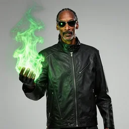 Snoop Dogg starring as a futuristic Marvel Super Hero holding green fire for a 2019 Marvel Movie, Studio Photograph, portrait C 12.0