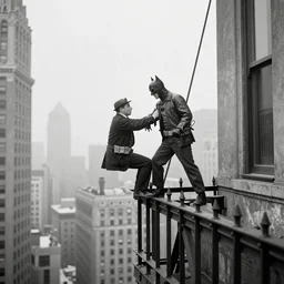 old black and white photo, 1 9 2 5, depicting batman fighting a new york gangster on top a skyscraper steel bars of new york city, rule of thirds, historical record