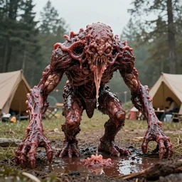 humanoid monster made with meat, ooze, slime, veins. campsite with campers, crawling, wet, photorealistic, vintage photography, octane render, camera pov