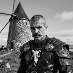 a cinematic view of wide bw photo from a very ornated old millie bobby brown viking, shaved haircut, mexican mustache, showing celtic tattoos in the head, using leather armour with necklace of bones, naughty expression, photorealistic, volummetric light, depth of field, detailed, texturized, zeiss lens high professional mode