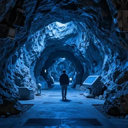 a photograph from inside a sci fi cave looking outside, blue color scheme,
