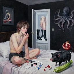 realistic painting of queer artist's bedroom with black walls, emo artist eating blackberries, knife, paint tubes, a liminal doorway to the future, zen, high black boots, pomegranate, a black pig, courgette, black octopus, sensual, surrealist, acrylic and oilstick on canvas