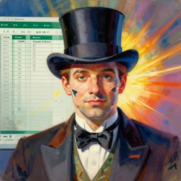 a brilliantly colored lithograph of a fragmented portrait of the Monopoly Man with a top hat blending into an Excel spreadsheet