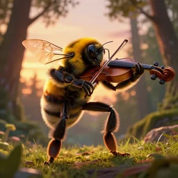 epic professional digital art of A bipedal bumblebee playing the violin during sunset in a forest, best on artstation, breathtaking, epic, stunning, gorgeous, much detail, much wow, cgsociety, wlop, pixiv, behance, deviantart, masterpiece, UHD, 8K