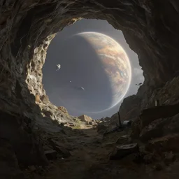intergalactic cave on a planet with a spaceship in the background by thomas kinkaid, no man's sky screenshot