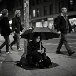 night scene, sadie sink in hoodie sits sells umbrellas on city corner, pedestrians ignore her : grainy b & w 1 6 mm film, 2 5 mm lens, single long shot from schindler's list by steven spielberg. cyberpunk, steampunk. cinematic atmosphere and composition, detailed face, perfect anatomy