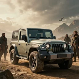 mahindra thar, tribe members watching nearby, an epic fantasy, dramatic lighting, cinematic, establishing shot, extremely high detail, photorealistic, cinematic lighting, artstation, by zaha hadid, horizon forbidden west