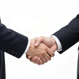 photograph of a people in suits shaking hands, white background, close up