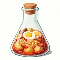 anime food in a flask with a cork inside a glass cone, art, spicy, noodles, egg, paprika, potatoes, meat