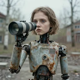 zoom-lens photo of a decrepit robot girl in chernobyl