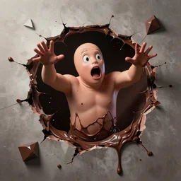 kool aid man full of chocolate pudding breaking through wall, action, fear, hyper realism