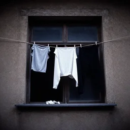 a window with clothes hanging out of it, a photo by alexander deyneka, tumblr, dau - al - set, photo taken with provia, dark, photo taken with ektachrome